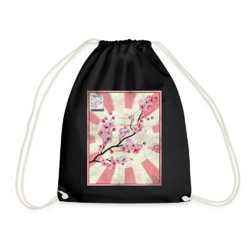 Japanese Aesthetic Cherry Blossom Postage Stamp Ges - Drawstring Bag - black - Front