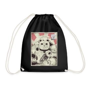 Japanese Aesthetic Maneki Neko Cat postage stamp - Drawstring Bag - black - Front