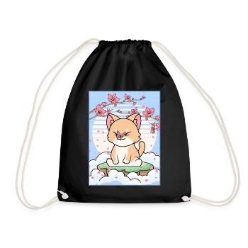 Japanese Aesthetic Kawaii Cat Cherry Blossom Gesche - Drawstring Bag - black - Front