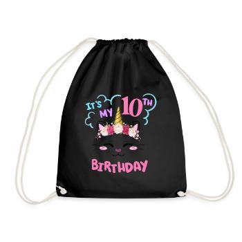 10th Birthday Girl Outfit Unicorn Cat - Drawstring Bag - black - Front