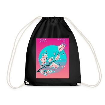 Vaporwave Aesthetic Japanese Sakura Cherry Blossom - Drawstring Bag - black - Front