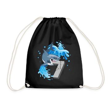 7th Birthday Sharks Thematic Party Seven Years - Drawstring Bag - black - Front