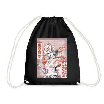Samurai Kitsune Fox Mask Vaporwave Aesthetic - Drawstring Bag - black - Front