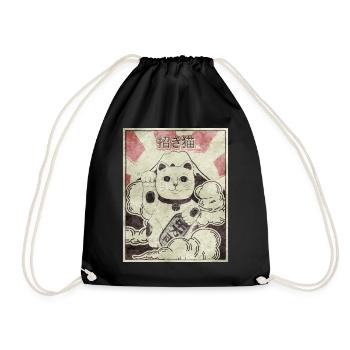 Maneki Neko Cat Japanese Aesthetic Vintage Ges - Drawstring Bag - black - Front
