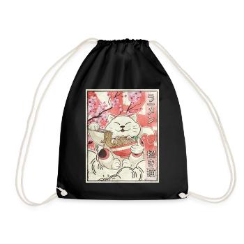 Maneki Neko Cat Ramen Japanese Aesthetic Ges - Drawstring Bag - black - Front