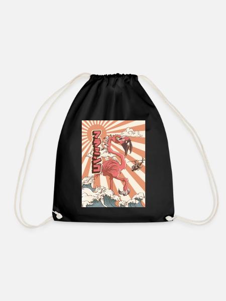 Kaiju Flamingo Japanese Monster Gift - Drawstring Bag - black