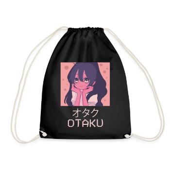Otaku Anime Girl Japanese Vaporwave Aesthetic - Drawstring Bag - black - Front