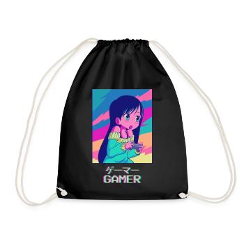 Gamer Anime Girl Japanese Vaporwave Aesthetic - Drawstring Bag - black - Front