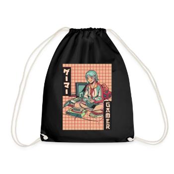 Gamer Anime Girl Vaporwave Aesthetic Gaming Ges - Drawstring Bag - black - Front