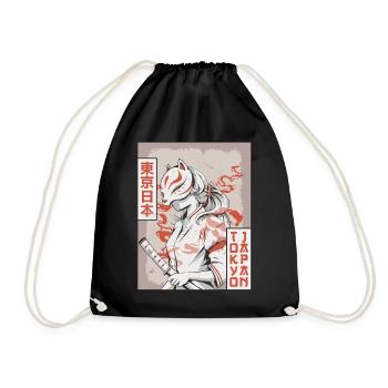 Samurai Anime Girl Kitsune Mask Tokyo Japan Ge - Drawstring Bag - black - Front
