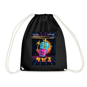 Boba Tea Bubble Tea Vaporwave Aesthetics VCR Geschen - Drawstring Bag - black - Front