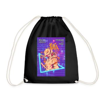 Samurai Anime Girl Kitsune Mask Vaporwave Geschen - Drawstring Bag - black - Front