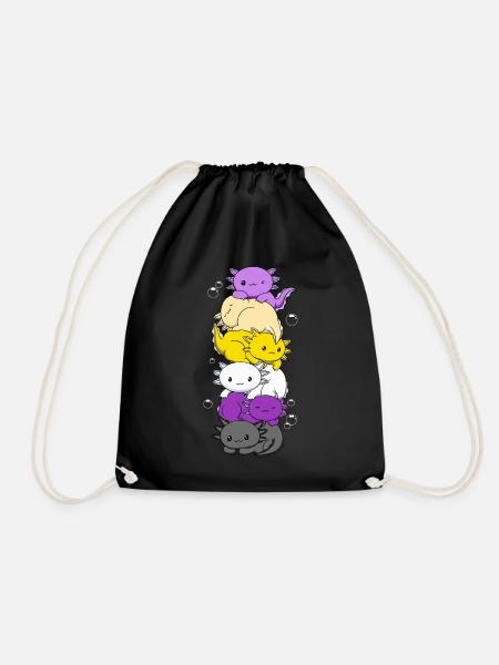 Non-Binary Flag LGBTQ Kawaii Axolotl Stack - Drawstring Bag - black
