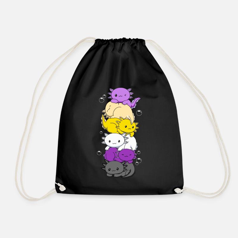 Non-Binary Flag LGBTQ Kawaii Axolotl Stack - Drawstring Bag - black