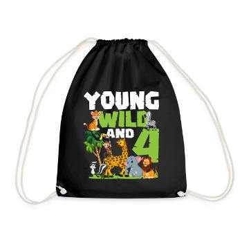 Young Wild And 4 | Safari Animal Theme Birthday - Drawstring Bag - black - Front