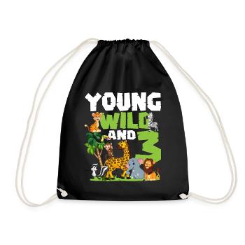 Young Wild And 3 | Safari Animal Theme Birthday - Drawstring Bag - black - Front