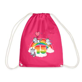 15th Birthday Rainbow Unicorn Theme - Drawstring Bag - fuchsia - Front