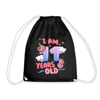 I am 11 years old | Unicorn theme | 11. - Drawstring Bag - black - Front