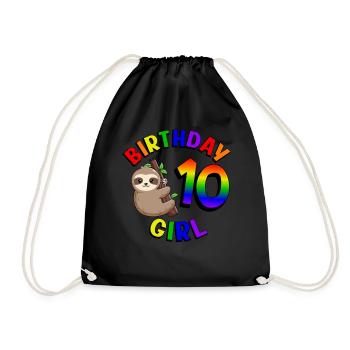 Birthday 10 Girls Cute Baby Sloth - Drawstring Bag - black - Front