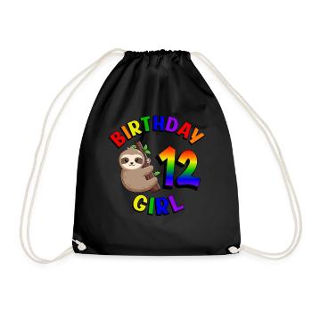 Birthday 12 Girls Cute Baby Sloth - Drawstring Bag - black - Front