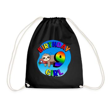 Birthday 9 Girls Cute Baby Sloth - Drawstring Bag - black - Front
