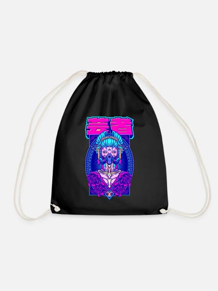 Cyber Geisha Aesthetic Japanese - Drawstring Bag - black