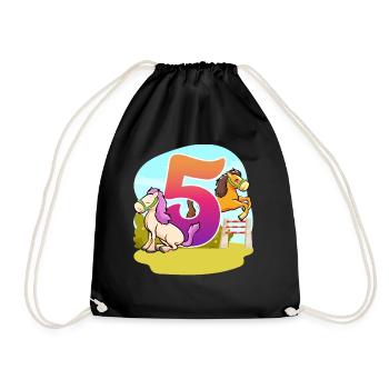 5th Birthday Riding Horse Theme Five Party - Drawstring Bag - black - Front