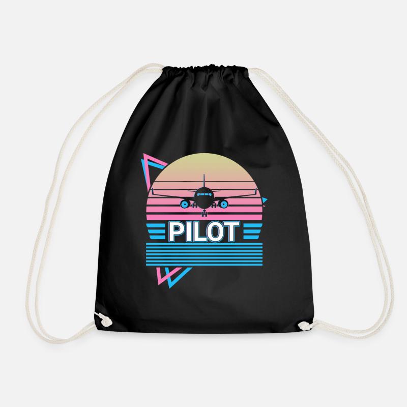 Pilot Airplane Aviator Aviation Retro - Drawstring Bag - black