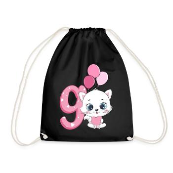 9th Birthday Kitten | Cat Birthday Shirt | - Drawstring Bag - black - Front