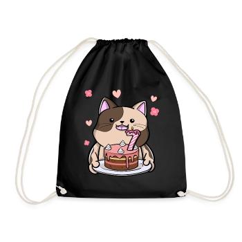 Un chat potelé tient un gâteau d’anniversaire 7. - Sac de sport léger - noir - Devant