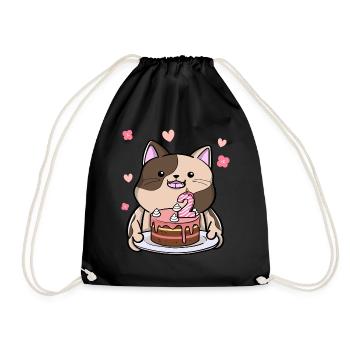 Chubby cat holds a birthday cake 2. - Drawstring Bag - black - Front