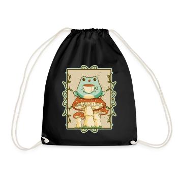 Cottagecore Aesthetic Kawaii Frog Sipping Tea - Drawstring Bag - black - Front