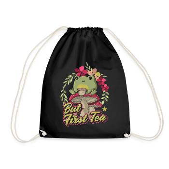 Cottagecore Aesthetic Frog Sipping Tea - Drawstring Bag - black - Front