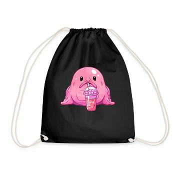 Kawaii Blobfish Pink Boba Bubble Milk Tea - Drawstring Bag - black - Front