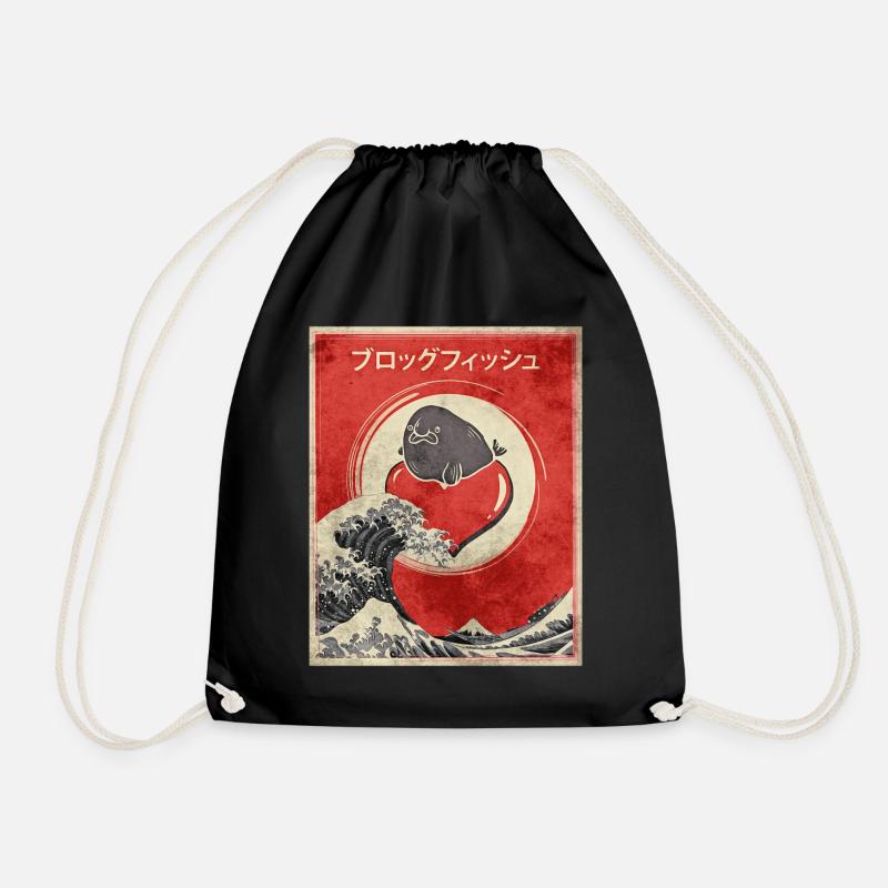 Blobfish Japanese Kanagawa Wave Retro Poster - Drawstring Bag - black