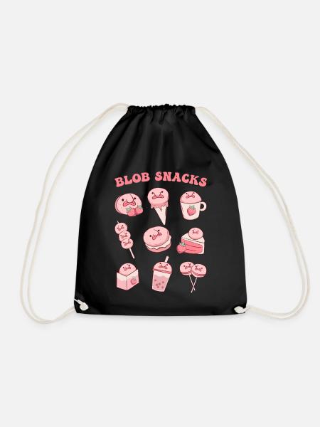 Kawaii Blobfish Strawberry Snacks - Drawstring Bag - black
