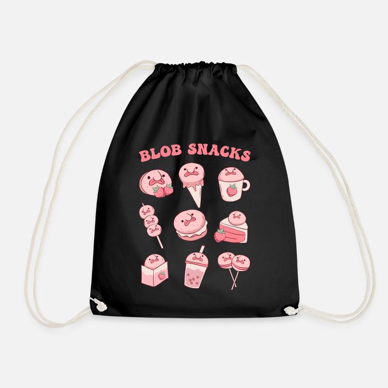 Kawaii Blobfish Strawberry Snacks - Drawstring Bag - black