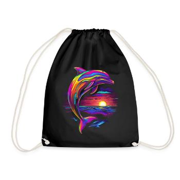 Dolphin Ocean Sea Creature Sunset Pop Art - Drawstring Bag - black - Front