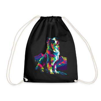 Border Collie Dog Mountain Forest Pop Art - Drawstring Bag - black - Front
