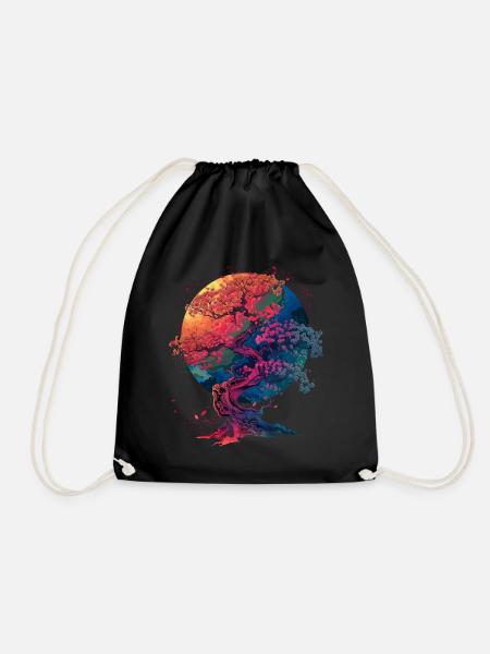 Cherry Blossoms Japanese Flower Aesthetic Art - Drawstring Bag - black