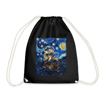 Pirate Ship Starry Night Painting - Drawstring Bag - black - Front