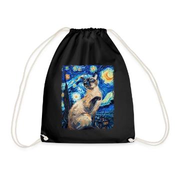 Siamese Cat Starry Night Painting - Drawstring Bag - black - Front