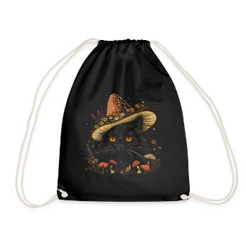 Cottagecore Aesthetic Black Cat Mushroom Hat Wi - Drawstring Bag - black - Front