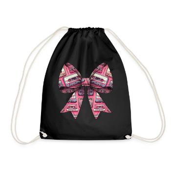 Coquette Bow Cassette Band Pattern 80s Retro - Drawstring Bag - black - Front