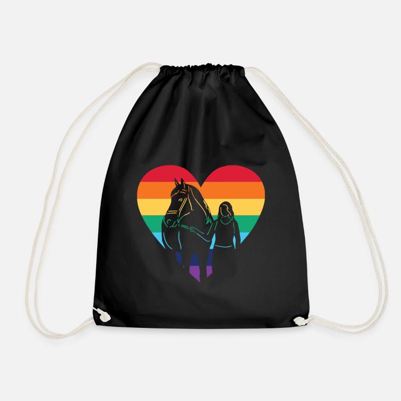 Herz Regenbogen Flage mit Pferd / Gay, Lesbisch - Turnbeutel - Schwarz