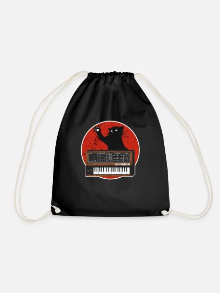 Analog Synthesizer Cat Retro Japan Synths Gift - Drawstring Bag - black