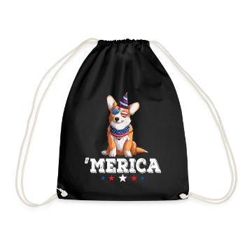 Merica Dog 4th of July USA American Flag Corgi - Drawstring Bag - black - Front
