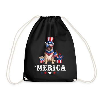 Pug Merica Dog 4th of July USA American Flag - Drawstring Bag - black - Front