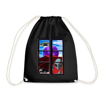 Strange alien cat UFO - Drawstring Bag - black - Front