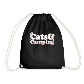 Cute Kawaii Cats And Camping Women's Cat and - Drawstring Bag - black - Front